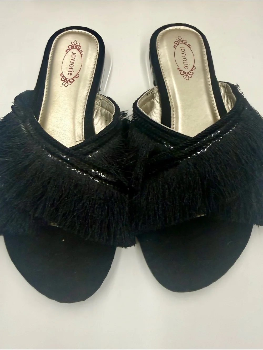 Joyfolie Danielle black fringe slide Sandle Youth size 6
